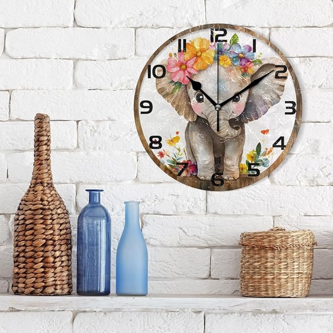 Bolaz Wall Clocks Decorative Bedroom Silent Living Room Desktop Elephant Watercolor Tabletop Shelf Clocks Round Battery Operated 10 Inch Non-Ticking