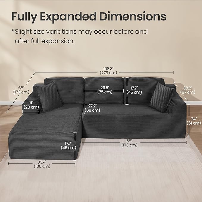 VASAGLE 108.3 Inches Boneless Couch with Chaise, Modular Sectional Sofa, Modern Cloud Couch with Deep Seat, L-Shape Corduroy Sofa for Living Room, Left-Facing Chaise, Bedroom, Slate Gray ULCS181GN01