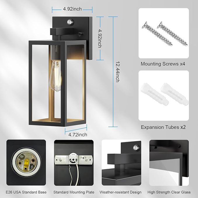 Kalium Dusk to Dawn Porch Outdoor Light, 2 Pack Wall Light Fixtures Waterproof Exterior Wall Sconce Light Fixture with E26 Base for Patio Entryway Hallway (Bulb not Included)