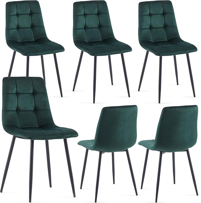 NORDICANA Forest Green Velvet Dinner Chairs Set of 6, Modern Armless Biscuit Tufted Dining Side Chairs with Metal Legs for Kitchen Living Room Vanity