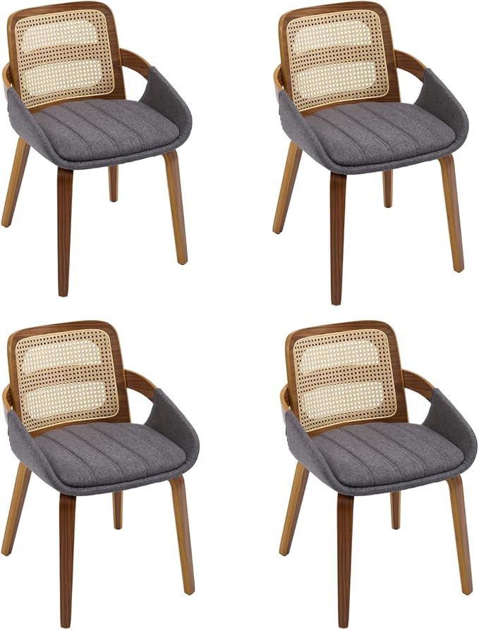 DUOMAY Modern Linen Dining Chairs Set of 4, Cane Back Room Chairs with Solid Wood Legs Kitchen Chairs for Living Room, Restaurant, Grey