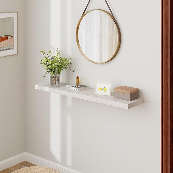 Fun Memories Farmhouse Floating Shelves for Wall, 48 x 9.3 Large Floating Shelf Wall Mounted, Rustic Wood Shelves for Bathroom, Kitchen, Living, Heavy-Duty Storage Deep Shelf for Books, Decor, Brich