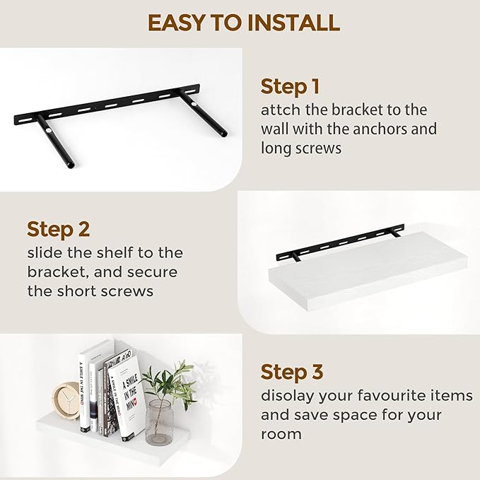 Fun Memories Floating Shelves 16 Inch Long, Wall-Mounted Bathroom Shelves Set of 2, 9.3 Inch Deep Shelf for Home Storage & Display, Wooden Deep Wall Shelves for Bedroom, Living Room, Kitchen, White