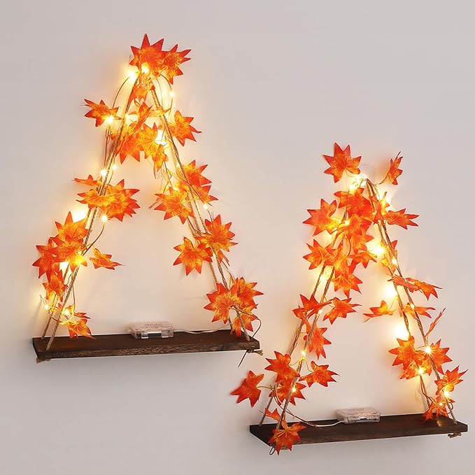 Floating Shelves for Wall, Hanging Shelves with Artificial Maple Leaves LED String Light, No Drilling Hanging Shelf, Wood Hanging Plant Shelves for Wall Décor, Boho Decor, Art Bedroom