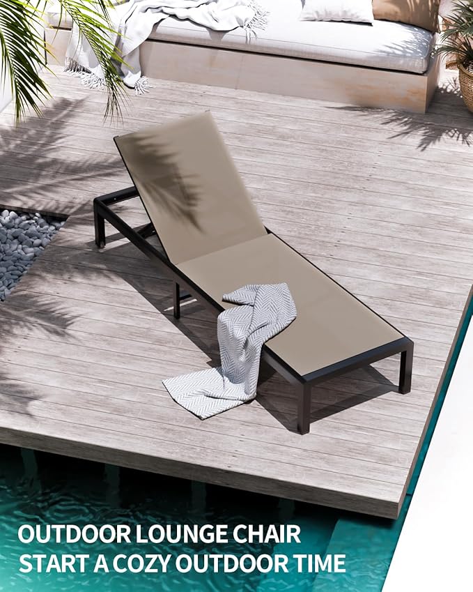 Aluminum Lounge Chairs Outdoor Chaise Furniture,2 Sets Patio Metal Deck Lounger Adjustable 5-Position Poolside Chase Recliner with Wheels for Beach,Coffee Table, (Khaki, 2 Chairs + Table)