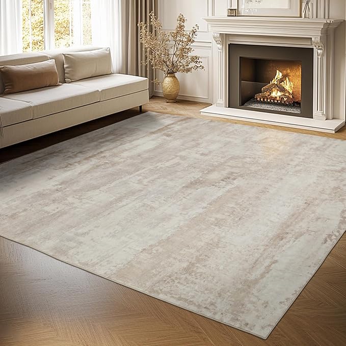 Washable Rugs 8x10 Area Rugs for Living Room - Modern Abstract Rugs for Bedroom,Dining Room,Large Soft Low Pile Carpet with Non Slip Rubber Backing,Neutral Accent Nursery Rug- Yello Brown