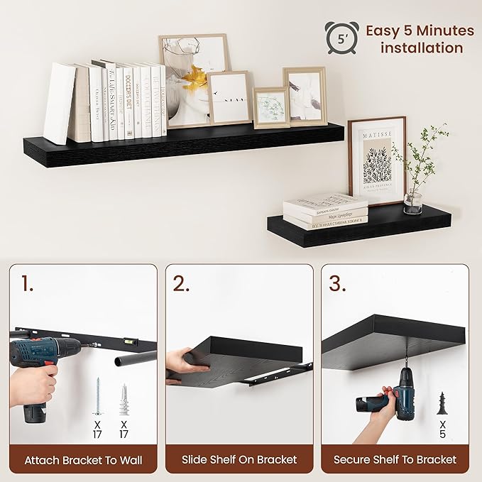 Vivelove 2" Thick Floating Shelves for Wall 55 Inches Long, 12" Deep Wall Shelves, for Bedroom, Bathroom, Living Room, Kitchen, Office, Modern Home Decor, 55" X 12" X 2", Set of 2, Black