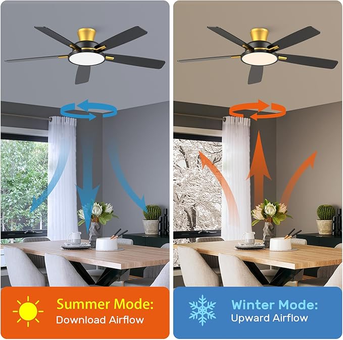 TALOYA 52 inch Ceiling Fans with Lights and Remote,Ultra Silent low profile Ceiling Fan with Three Color Temperature and Dimmable Light with Reversible Blades Black Gold