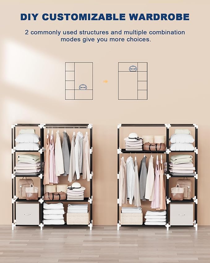 Mavivegue Portable Closet,Portable Closet,Wardrobe,Storage Closet with Cover,Free Standing Closet for Bedroom,Black,2 Rows, 43" W x 18" D x 64" H