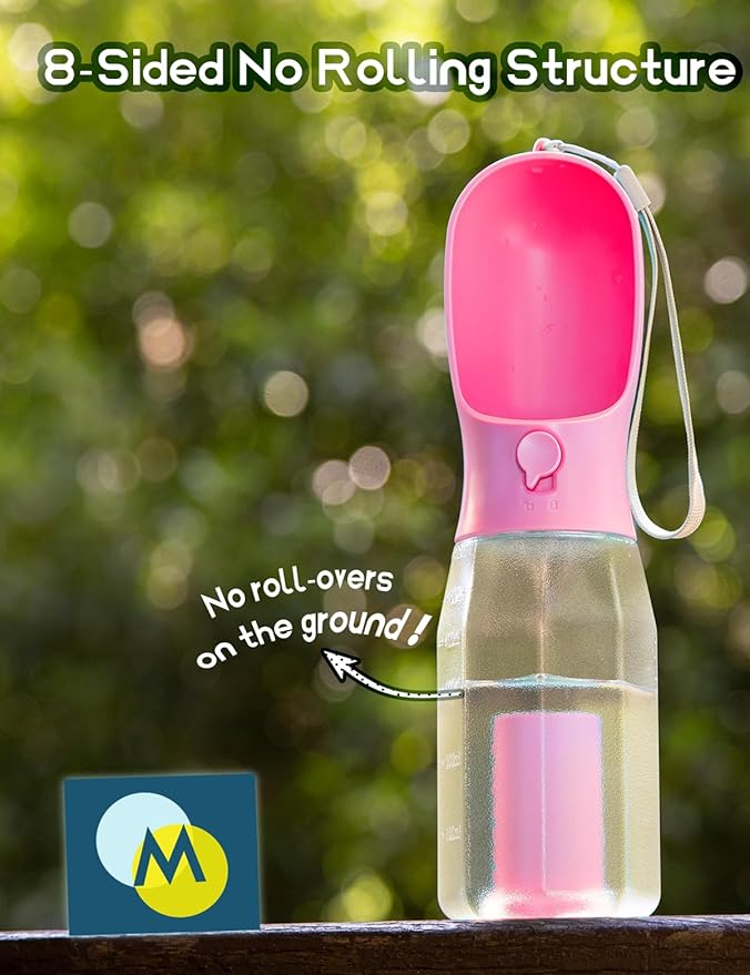 Portable Water Bottle for Dogs, 3 in 1 Pet Travel Bowl Dispenser with Food Treat Container & Poop Bag Holder, Summer Outdoor Walking Hiking Accessories for Large Dog On The Go - Pink, 20oz