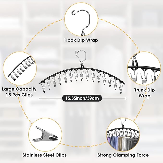 Upgrade Skirt Pants Hangers with Clips, Metal Legging Organizer for Closet with 15 Cilps Holds 90 Leggings/Shorts/Jeans/Skirts Pants Hangers Space Saving Closet Organizers and Storage, Black 6Pack