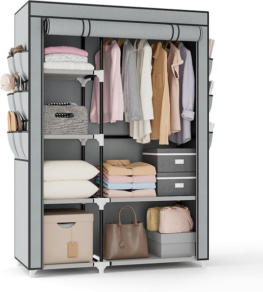 VTRIN Wardrobe Closet, 41.7 Inch Wide Portable Closets for Hanging Clothes with 1 Hanging Rod, 6 Shelves, 6 Pockets, Clothes Rack with Cover Portable Wardrobe Closet for Bedroom, Dorm, Grey