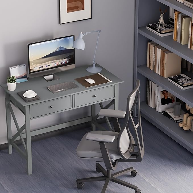 Computer Desk with 2 Drawers, Elegant Home Office Writing Study Desk with Storage, Modern Simple Vanity Desk Console Table for Living Room, Grey