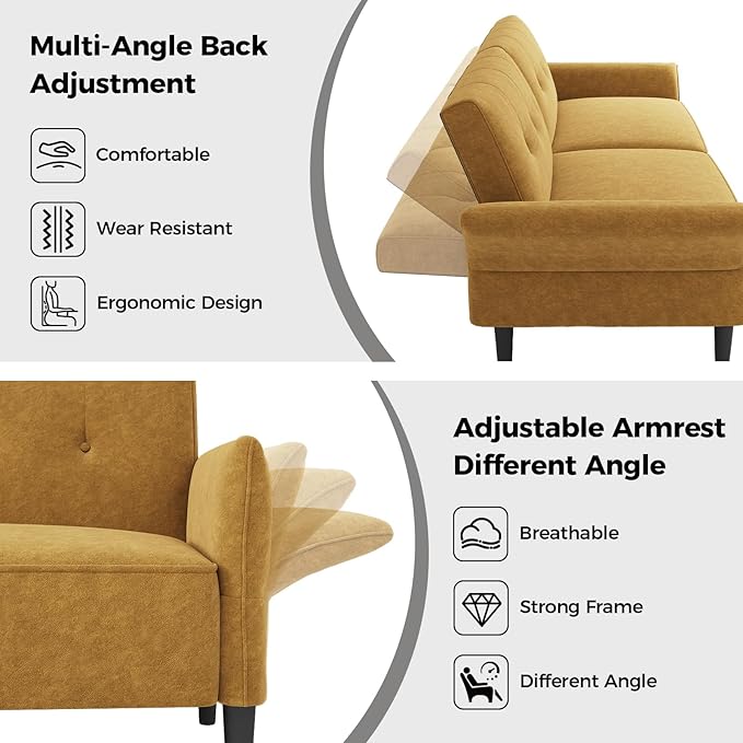 89” Futon Sofa Bed, Comfy Futon Couch Bed with 2 Square Pillows,Convertible Sleeper Sofa with Adjustable Backrest& Armrests, Modern Loveseat Sleeper for Living Room,Velvet Fabric Yellow