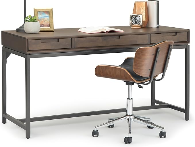 SIMPLIHOME Banting Desk - 60 Inch Wide Solid Hardwood and Metal Writing Desk in Walnut Brown, Modern Industrial Home Office Computer Table for Study with 2 Drawers and Flip-Down Keyboard Tray
