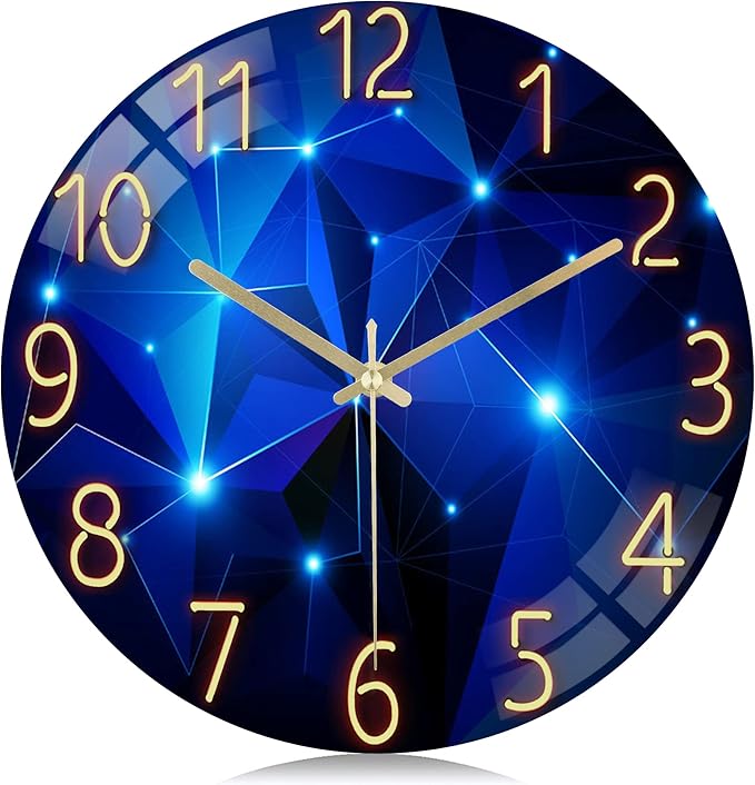 Lafocuse 12 Inch Silent Blue Wall Clocks Battery Operated for Bedroom, Blue Glass Wall Clock for Living Room Kitchen Decor