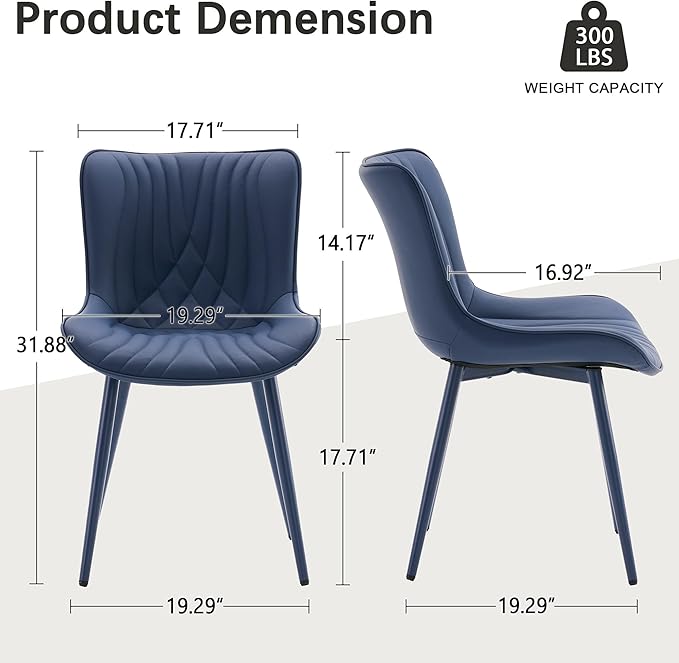YOUTASTE Navy Blue Dining Chairs Set of 2, Mid Century Modern Comfy Kitchen Chair, Upholstered Faux Leather, Navy Blue Metal Legs, Armless Accent Chairs for Bedroom Vanity Lounge