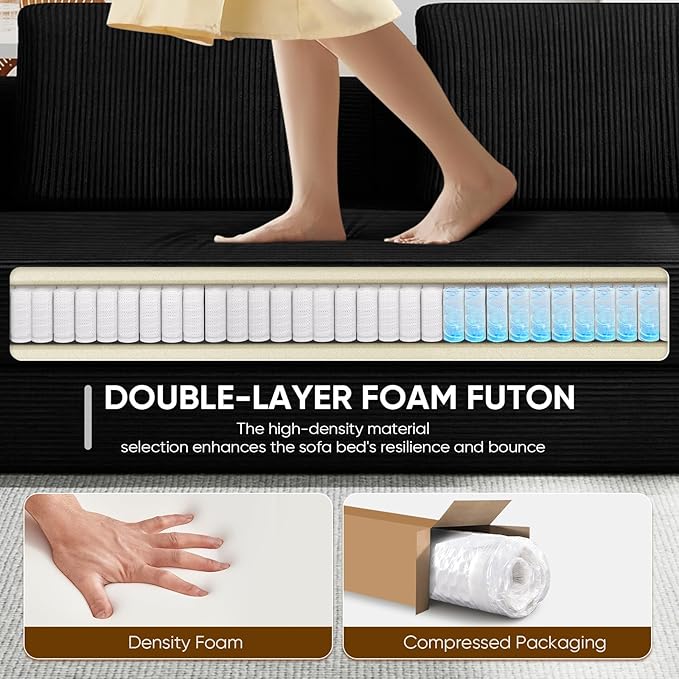 Antetek Convertible Sofa Bed, Comfy Corduroy Fluffy Love seat Sleeper Sofa, 5 in 1 Folding Couch Bed, Fold Out Floor Couch with Pillows for Bedroom, Living Room, Office, Pinstripe, Black