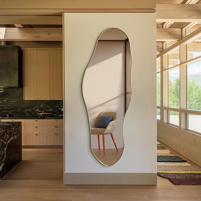 Irregular Mirror Full Length, 63"x22.5" Asymmetrical Wall Mirrors with Gold Metal Frame, Large Modern Abstract Unique Shaped Mirror for Living Room Bathroom Bedroom Hallway Entryway