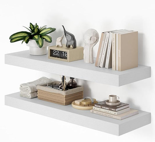 Heimlove 36 Inch Long Floating Shelf for Wall, 12" Deep White Floating Shelves Shelves for Bedroom Living Room Bedroom, Mounted Shelves for Storage Book Decor, Set of 2