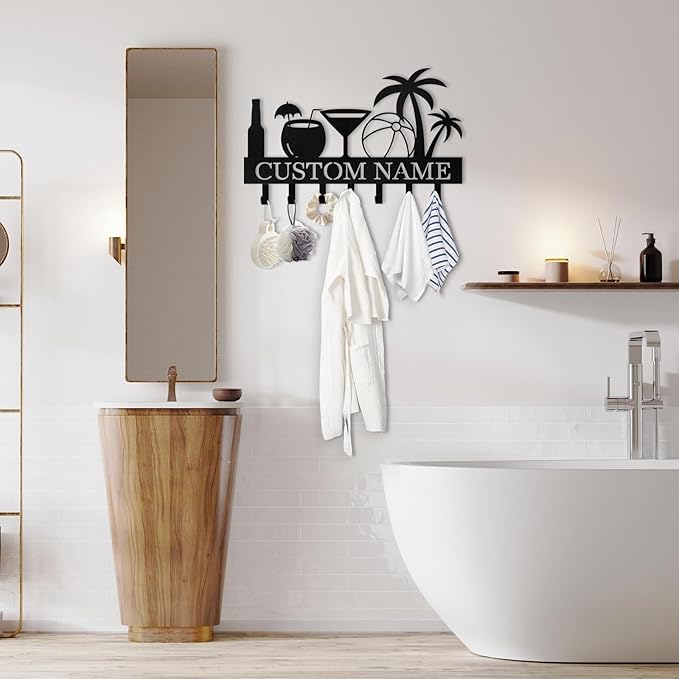 Personalized Key Holder for Wall, Beach Theme Key Holder Wall Mount with Hooks, Coconut Trees Key Hanger Wall Decor for Pool Bathroom Hallway Entryway Office, Customized Home Decor Gifts Color03