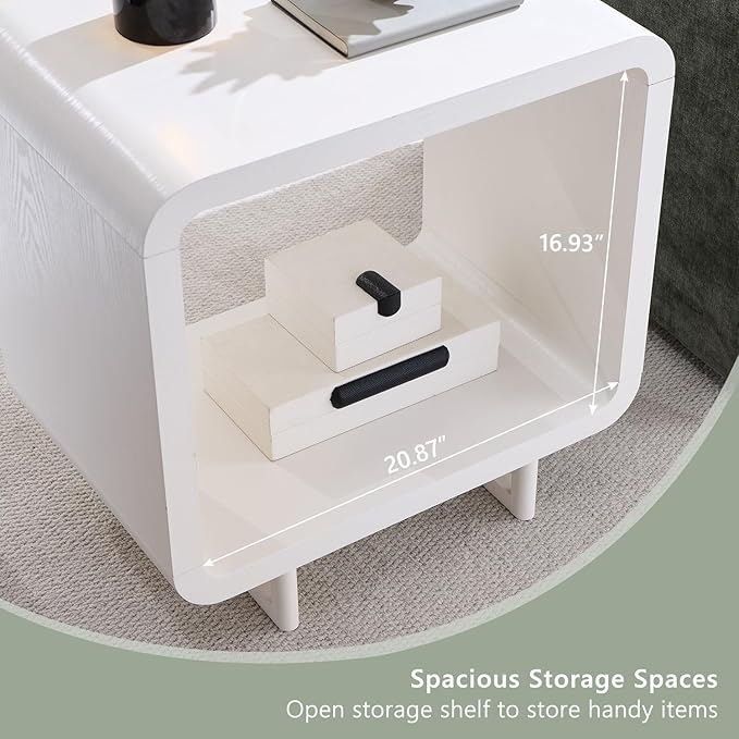 23.6" Modern End Table Set of 2, 2 Tier Side Table with Charging Station, Simple Bedside Table with Open Storage Shelf, Outlet, Wooden Nightstand for Bedroom, Living Room, Study, White