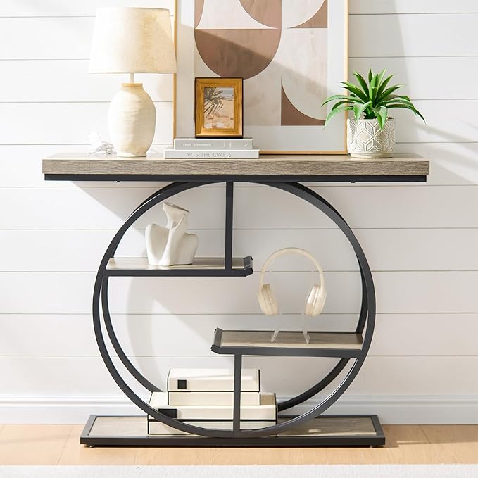 41.3" Sofa Table, Industrial 4-Tier Entryway Table with Circle Base and 1.7" Thickened Top, Narrow Console Table with Storage for Living Room, Hallway, Foyer, Grey