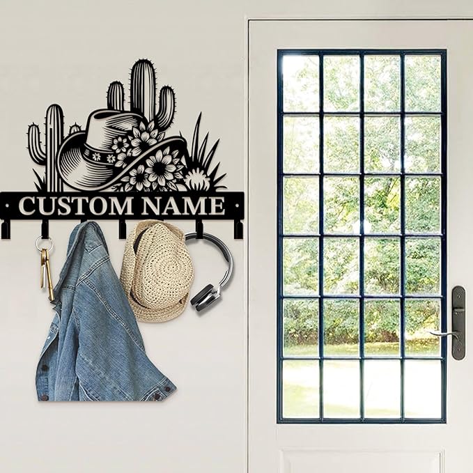 Custom Western Cowboy Metal Iron Key Hooks,Personalized Name & Text Engraving,Decor Wall Keys Holder for Home Entryway (Style A)