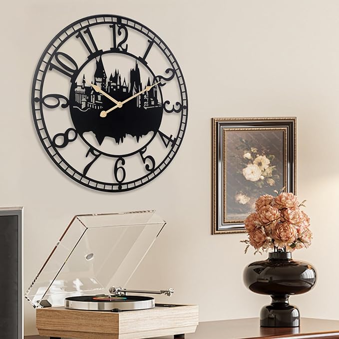 Wall Clocks for Living Room, Metal Black Castle with Metal Golden Retro Hands, Battery Operated Silent Non-Ticking Large Wall Clock for Bedroom Kitchen Living Room Home Decor,24x24Inch