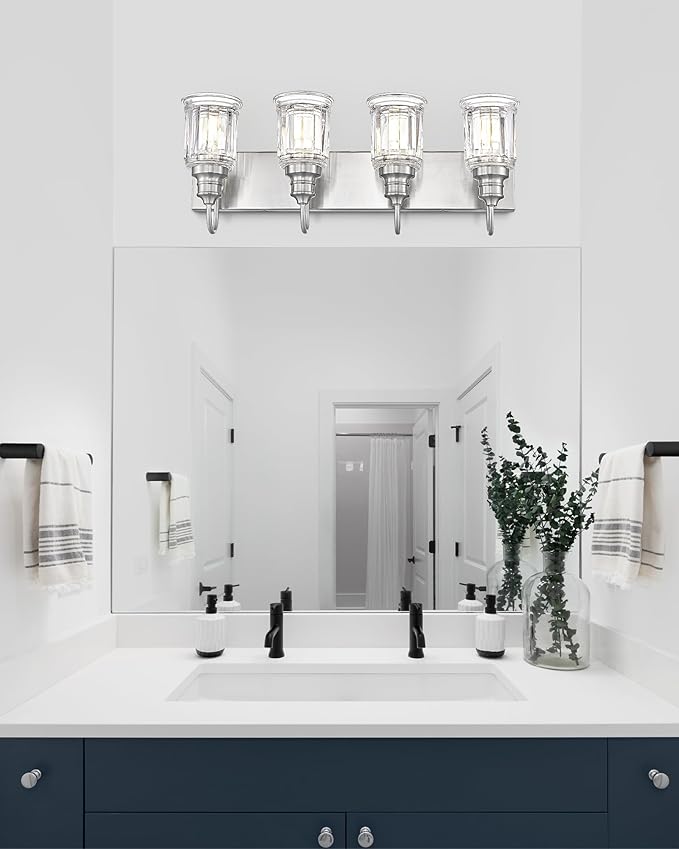 Brushed Nickel Bathroom Light, HWH 4-Light Vanity Lights for Bathroom Vanity Sconce Over Mirror, Wall Mounted Light Fixtures with Bell-Shaped Striped Glass, 5HZG106B-4W BN