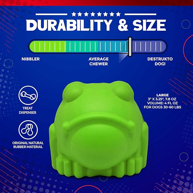 SodaPup MuttsKickButt Bullfrog – Durable Dog Treat Dispenser & Chew Toy Made in USA from Non-Toxic, Pet Safe, Food Safe Natural Rubber for Mental Stimulation, Problem Chewing, Calming Nerves & More