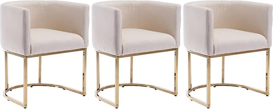 Linen Fabric Dining Chairs Set of 3 Modern Barrel Arm Chairs with Golden Frame, Upholstered Kitchen Chairs 18.5" Wide Accent Chairs for Living Room Dining Room Restaurant, Cream