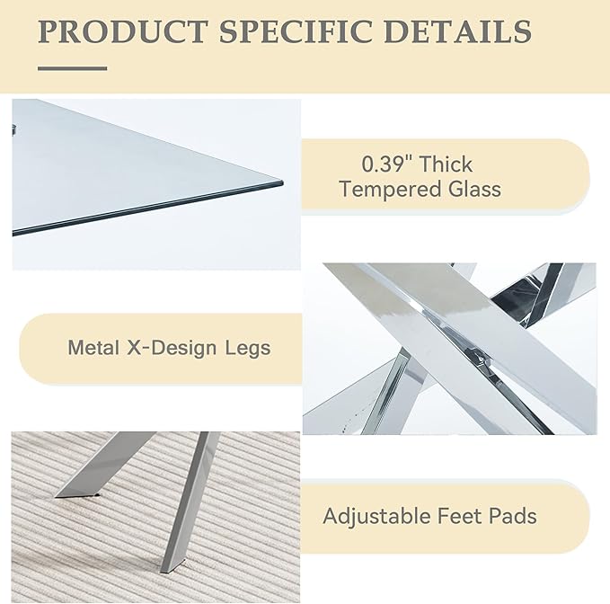 51'' Silver Glass Dining Table Set for 4,5 Piece Kitchen Table and Chairs Set with Metal Legs and 4 PU Leather Dining Chairs for Kitchen Room Small Spaces