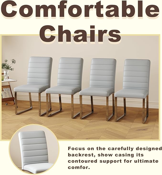 Modern Dining Chairs Set of 4, White Faux Leather Kitchen Chairs, Upholstered Armless Dining Room Chair with Gold Mental Legs Heavy Duty, Comfortable (Grey Chiars, Set of 6)