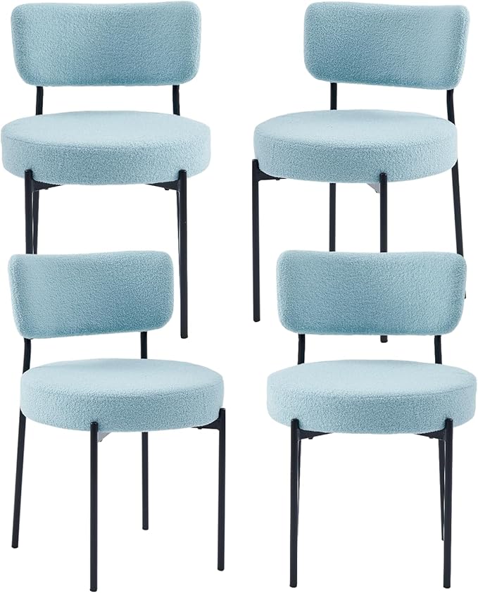 Blue Boucle Dining Chairs Set of 4, Upholstered Dinner Chair with Metal Frame, Dining Room Chairs with Padded Seat, Round Modern Seating for Living Room