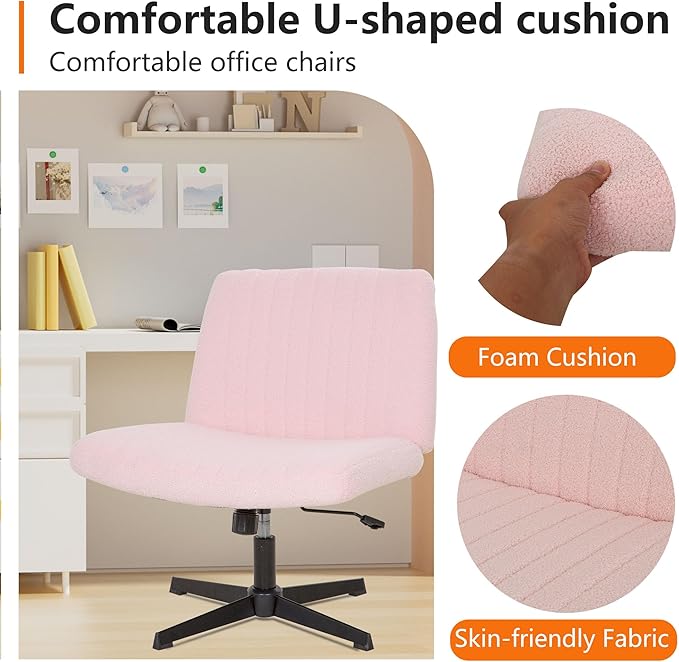 FDW Criss Cross Chair Armless Cross Legged Office Desk Chair Adjustable Swivel Ergonomic Gaming Chair No Wheels Backrest with Wide Seat Native Sponge Computer Task Vanity Chair for Home Office,Pink