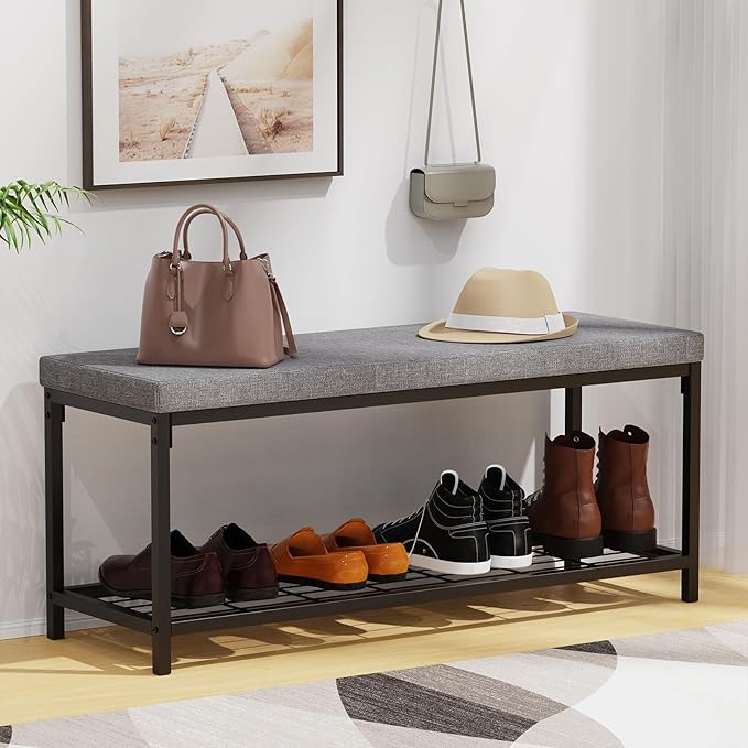 Shoe Bench, 43.3" Entryway Bench with Cushion Seat, Shoe Rack Bench with Storage, Modern Style, Holds Up to 350 lb, for Living Room, Bedroom, Hallway, Grey