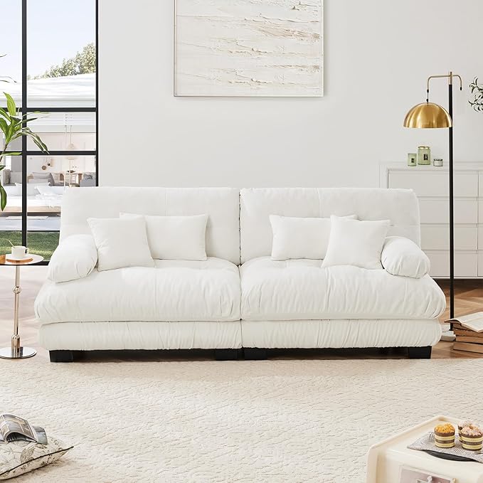 94.4” Loveseat Sofa, 2 Seater Modular Sectional Sofa, White Large Sectional Fluffy Couch Set, Chenille Cloud Couch with 4 Pillows, Deep Seat Sofas for Living Room