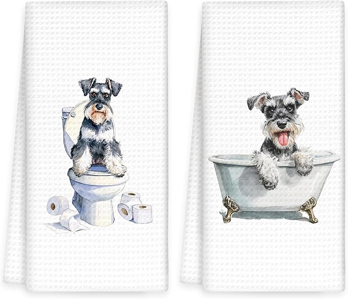 Funny Schnauzer Dog Hand Towels Set of 2, Gifts for Miniature Schnauzer Dog Owners Lovers, Puppy Pet Decor for Bathroom, Pet Lovers Gifts Toilet Hand Towels for Bathroom Washroom, 16x24In