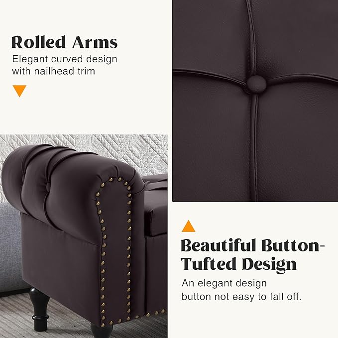 Faux Leather Storage Bench 67 Inch Upholstered Tufted Ottoman Bench with Arms Large Storage Space King Size End of Bed Bench for Bedroom Living Room Entryway Whiskey Coffee