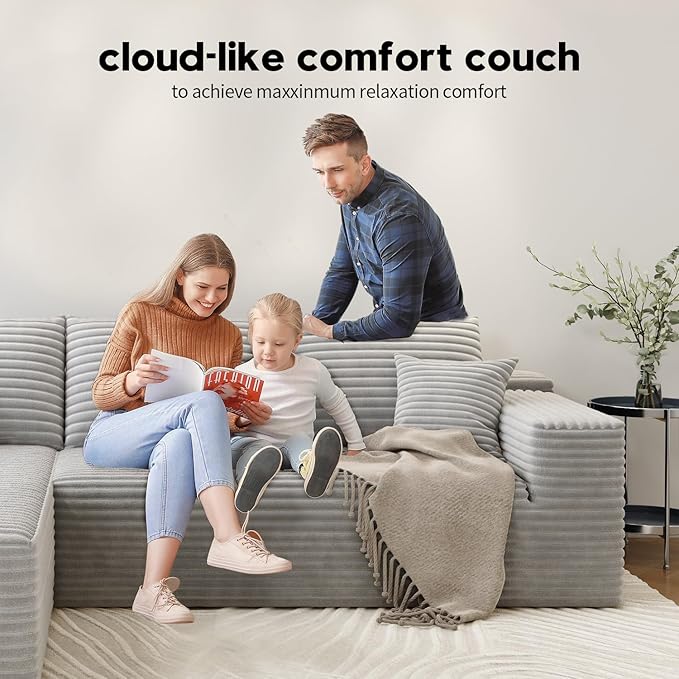 107.5" Cloud Modular Sectional Couch with 1 Ottoman,Modern Minimalist Upholstered Couches, Comfort U Shaped Sofa for Living Room,Deep Seat Corner Couch，No Assembly Required (Grey,Left Facing Chaise)