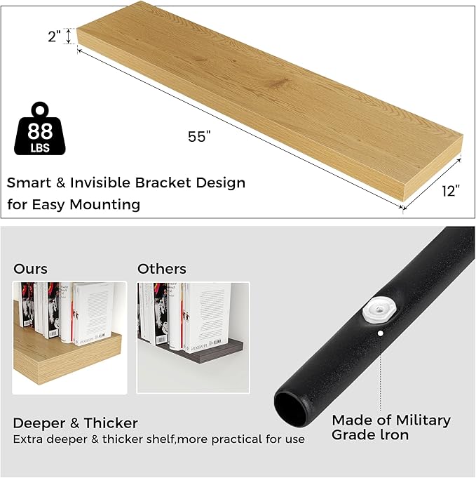 Floating Shelves for Wall, 55 Inch Wide x 12 Inch Deep Floating Shelves, Long Wood Floating Wall Shelf Shelves for Living Room Bathroom Bedroom Kitchen Home - (Oak, 55" W x 12" D x 2" H)