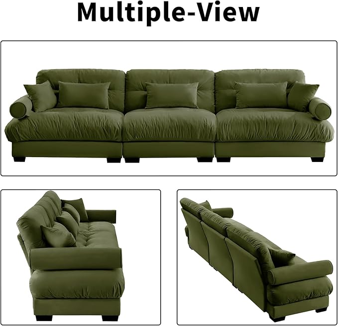 130" Oversized Couch, 3 Seater Modular Sectional Sofa, Olive Large Sectional Couches for Living Room, Fluffy Couch Set, 3 Seater Velvet Cloud Couches with 5 Pillows, Deep Seat Sofas for Living Room