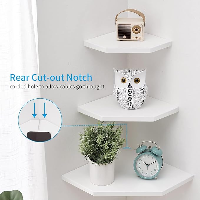Corner Wall Shelves, Corner Floating Shelves Set of 2 Solid Oak Wood Display Shelf with Wire Hole Small Plant for Kitchen Living Room White,Oak 13.2inch