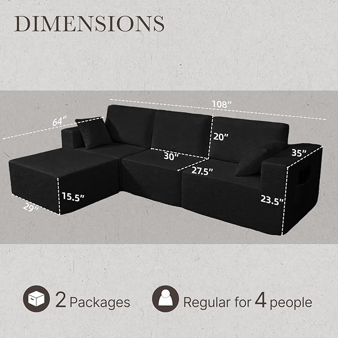 108” Modular Sectional Sofa Couch with Ottoman, 3-Seater Boneless Couch, L Shape Sectional Sofa Compressed Sofa for Living Room Bedroom, No Assembly Needed (Black, 3 Seats+1 Ottoman)
