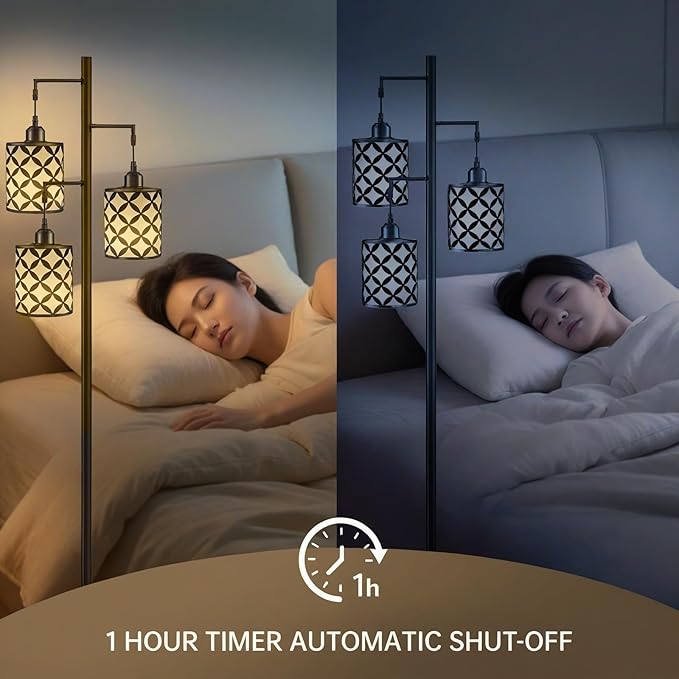 New Upgraded 72" Tall Dimmable Floor Lamp with 3 x 1100LM 12W Bright LED Bulbs, Farmhouse Standing Lamp with Remote Control, Industrial Tree Pole Floor Lamps for Living Room, Bedroom, Office - Brown