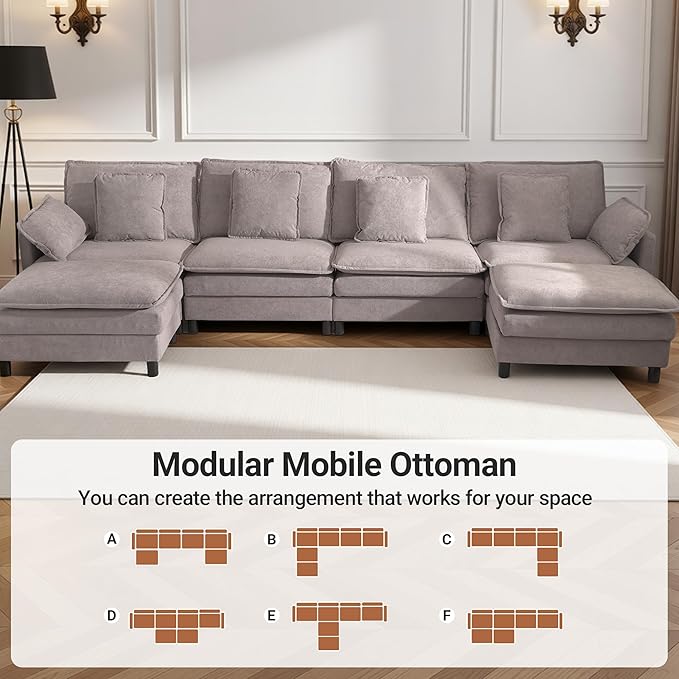 Claiks 148" Modular Sectional Sofa, Cloud Couch with Ottoman, U-Shaped 6-Seater Sofa in Chenille Fabric, Deep Seat Comfy Couch with Pillows for Living Room & Offices, Light Gray