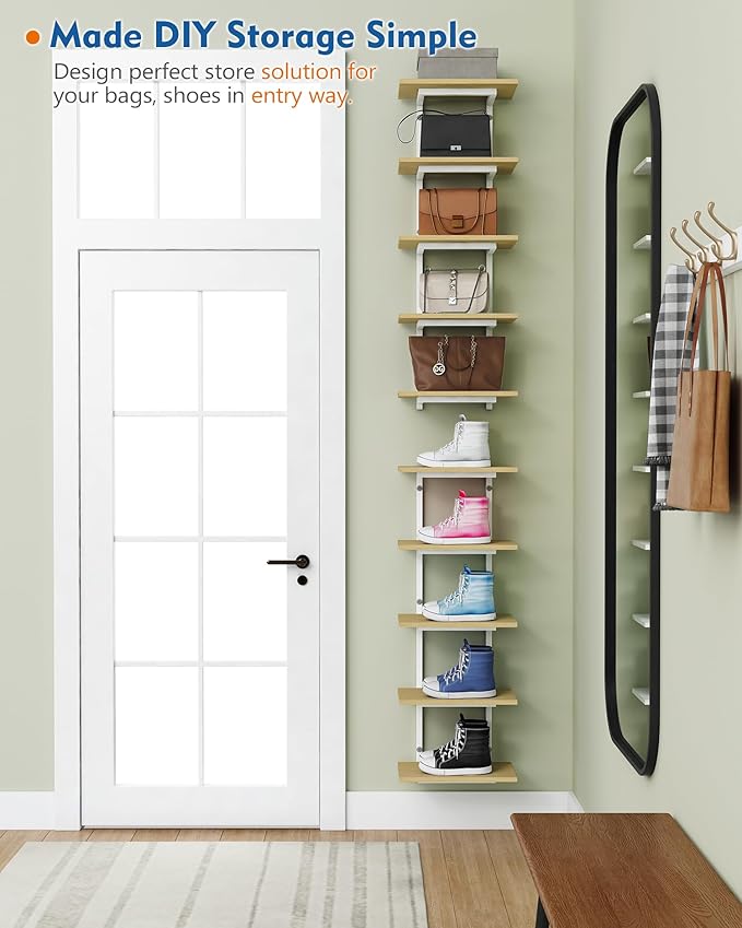 White and Natural Tiered Wall Shelf Unit, 5 Tier Display Floating Shelves, Deep Hanging Wall Shelving Unit for Living Room Plants TV, Bedroom Books, Office Décor (White and Natural Wood)