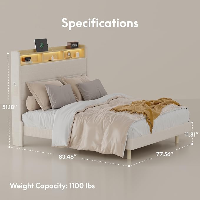 FLEXISPOT King Platform Bed Frame with 51" Tall Upholstered Corduroy Headboard, Two-Tier Storage Shelves, LED Light & Charging Station, Remote Pocket, No Box Spring Needed,1100Ibs Heavy-Duty, Beige