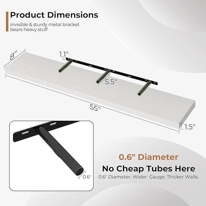 Fun Memories 55 Inch Floating Shelves for Wall, Fireplace Mantel Shelf with Invisible Heavy Duty Bracket, 8 Inch Deep Storage Shelf for Living Room, Kitchen, Farmhouse, White (2-Pack)